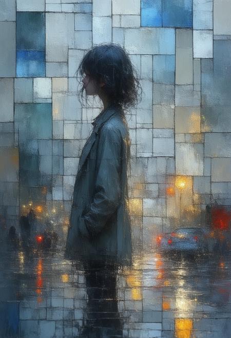 A melancholic and evocative depiction of a young woman reflected in a rain-slicked cityscape, fractured and reimagined in a Cubist stained-glass style. The scene explodes into geometric shards, showcasing fragmented perspectives of the girl, the distorted cityscape shimmering in the puddle, and the interplay of somber light and deep shadows. The palette utilizes muted blues and greys for the cityscapeâs skyline, vibrant cadmium yellow and crimson red reflected in the puddle's surface, and patches of crisp white to highlight the girlâs silhouette. Photorealistic textures of rain-soaked pavement, the girlâs clothing, and the building's facades harmonize with the fractured composition, creating a powerfully symbolic portrait of isolation, resilience, and the beauty found within fleeting moments. Ultra detailed, 8k resolution, volumetric lighting, octane render, emphasizing the interplay of light and shadow and evoking a feeling of poignant beauty and quiet contemplation.