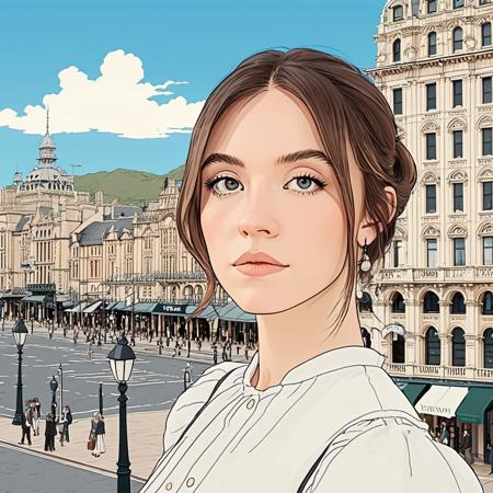 Studio ghibli style illustration of the face of a woman looking at the viewer with a victorian city square in the background,   sydxsweeney,  <lora:sydsweeney_juggerX_xl_2_st_merger_41v1_9v2_112v2_03_02_05-sydxsweeney:1>