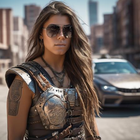 a hyper realistic ultra detailed photograph of a futuristic beautiful barbarian woman wearing sunglasses at a dystopian city, tattered outfit with rusty metal armor plates, long wild hair, tattooed hands and body, fashion pose, detailed symmetric beautiful hazel eyes, detailed gorgeous face, apocalyptic environment <lora:Charli_DAmelio_xl_lora-000036:1>, hi detail, sharp focus, perfect lighting, awesome, dslr, 4k high quality. extra detail, extra sharp, magical, perfect moment, natural skin, pores