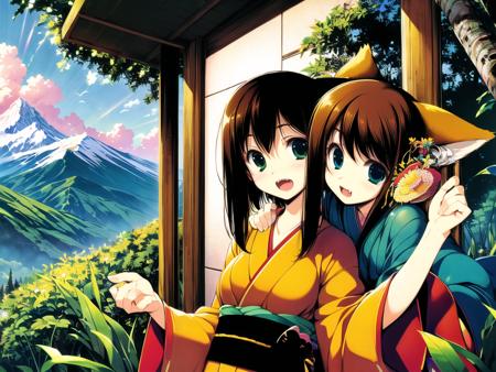 (masterpiece:1,2), best quality,
 multiple girls, 3girls, animal ears, brown hair, green eyes, blue eyes, blonde hair, fang, open mouth, japanese clothes, smile, fox ears, short hair, hair ornament, long hair, kimono, cat ears, upper body, straight hair,
(Rainforest, ancient trees, Mountain, breathtaking natural landscape,
soft light, ray tracing, Strange architecture, layered scenery, magnificent, grand:1.3),
shinryuusai,  <lora:tenmu_shinryuusai:1>,