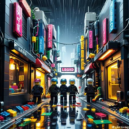 a cyberpunk alley recreated from dark LEGO blocks, neon signage clipped from fluorescent plates, rain simulated with clear rods, minifigs wearing visor helmets and cyber limbs, glowing puddles reflecting blocky silhouettes, LEGO