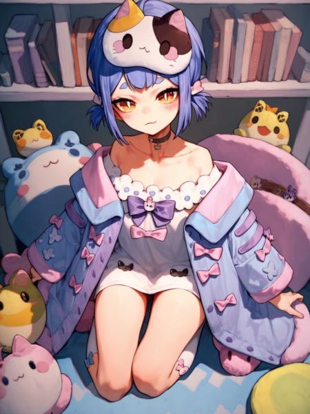 wazi,solo,virtual youtuber,long hair,coat,short hair,blue hair,orange eyes,bow,white dress,twintails,animal on head,purple hair,choker,hair ornament,frilled dress,fang,collarbone,animal slippers,white background, coat long hair