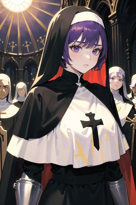 (best quality, masterpiece:1.1),   upper body,     (1female), arrogant face, purple hair, very short hair, messy hair,        nun, black cassock, black nun veil, (catholic inquisitor, metal knight, armor), ( holiness, church, stained , sunshine),