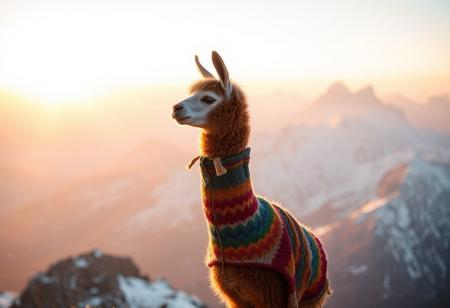 a cute brown alpaca, wearing colorful knit clothes, standing on a very tall mountain, cliff side, side profile, snowy alps, golden hour, diffused pink skyline, radiant god rays, distance shot
