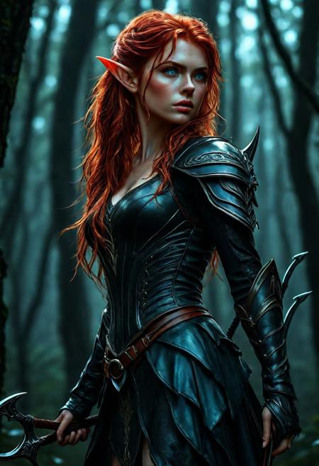 High resolution of ultra-realistic Beautiful Elven Archer girl, ultra-realistic body, perfect athletic body, Attractive Elf girl, artgem, WLOP, standing in the middle of a dark forest, beautiful Sadie Sink as Elf Archer girl, night of the full moon, realistic elven leather armour, defiant and seductive, covered in dirty and blood, cinematic colors Lighting, extremely detailed, 8K, wavy red hair, realistic dirty pale face, realistic blue eyes, beautiful Elf girl on in dark fantasy cool outfit, hyper-detailed, hyper-realistic, Attractive 21 old years Elf woman, Attractive, beautiful firm Breasts, wet and sweaty skin, Dark fantasy style, Dark fantasy atmosphere, sharp focus, digital painting, Photograph Taken on Nikon D750, Alphonse Mucha, 8K, athletic figure, Hyperdetailed, hyperrealism, attractive woman, beautiful woman of athletic body, Attractive bust girl, asymmetric balance