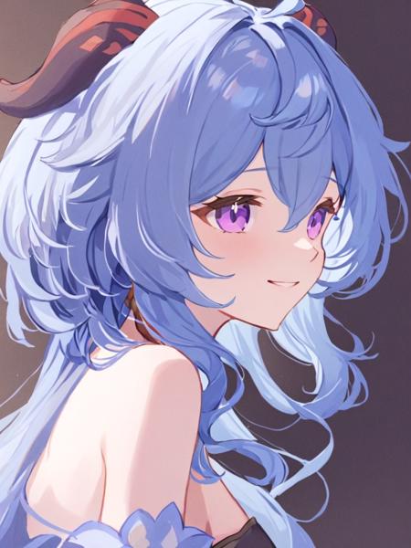 <lora:ganyu:1>,1girl,ganyu_\(genshin_impact\),solo,horns,blue_hair,long_hair,looking_at_viewer,bare_shoulders,upper_body,smile,bangs,breasts,from_side,off_shoulder,purple_eyes,ahoge,sidelocks,hair_between_eyes,medium_breasts,shirt,looking_to_the_side,