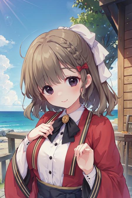 (masterpiece), (best quality), (ultra-detailed), photorealistic, (best illustration), ((an extremely delicate and beautiful)), 1girl, solo, upper body, hair ribbon, hair bow, grey ribbon, white ribbon, red bow, (mole under mouth:0.8), french braid, white collared shirt, red jacket, outdoors, looking looking at viewer, smile, long sleeves, wide sleeves, <lora:asahi_nai_3:0.8:lbw=OUTD>