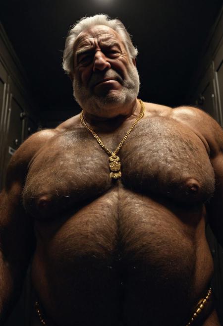 (photo, realistic, raw), (nighttime, at night, dark, dark hard shadows, cinematic atmosphere, movie grain, hazey atmosphere), closeup from below, (etherial, spiritual, emperor, king, god), old burly buff gentleman, old manly mature man, combed back hair,  doublechin, old hairy tanned grandpa, wrinkly neck, hairy chest, proud big hairy chest, thick neck, hairy armpits, tanned skin, tight golden spandex, gold jewellery, gold necklace, in a dark locker room at night, nighttime, arrogant disgusted disappointed smile, intimite situation, romantic atmosphere, stern, serious, angry, sad expression,