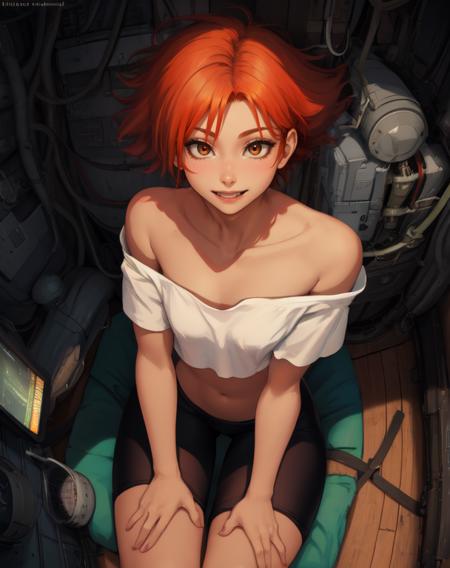 Edward,  midriff, orange hair, (white loose shirt), off shoulder,  
bike shorts, brown eyes, toned,  happy, 
 (insanely detailed, beautiful detailed face, masterpiece, best quality
 <lora:EDWARD:0.7>