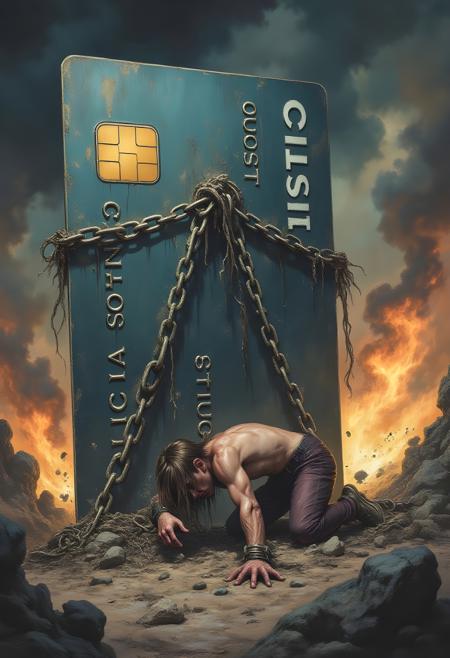 n1t3_du5t, an image featuring a giant ominous credit card shackled and chained to an individuals leg as they attempt to claw and crawl away as the giant card prevents their escape.