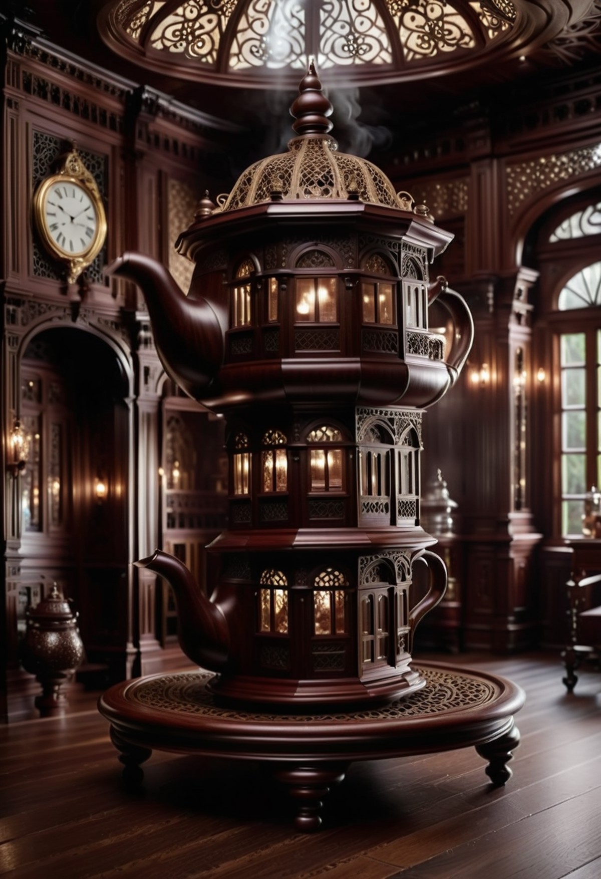 cinematic photo Inside a grand Victorian-style teapot house, a steamy mahogany structure floats in mid-air. The walls are ...
