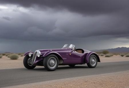 vehicle focus, motor vehicle, classic car, solo, sports car, from behind, race vehicle, headlight, dark, wide shot, racecar, steering wheel, reflection, no humans, license plate, from side, (1934 alfa romeo 8cmm), outdoors, sky, scenery, grey purple clouds, day, water, stones, cloudy sky, desert,