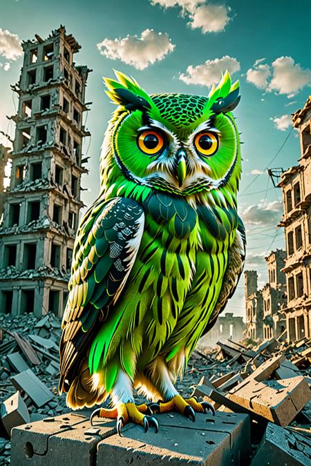 In a post-apocalyptic world, a giant green owlet duo (duolingo) shoots green lasers from its eyes and destroys the city. Ruins of city. The landscape is filled with ruins of modern houses. Low wide angle. Best quality. Breathtaking photo, dramatic light, award-winning, professional, highly detailed, 8k
