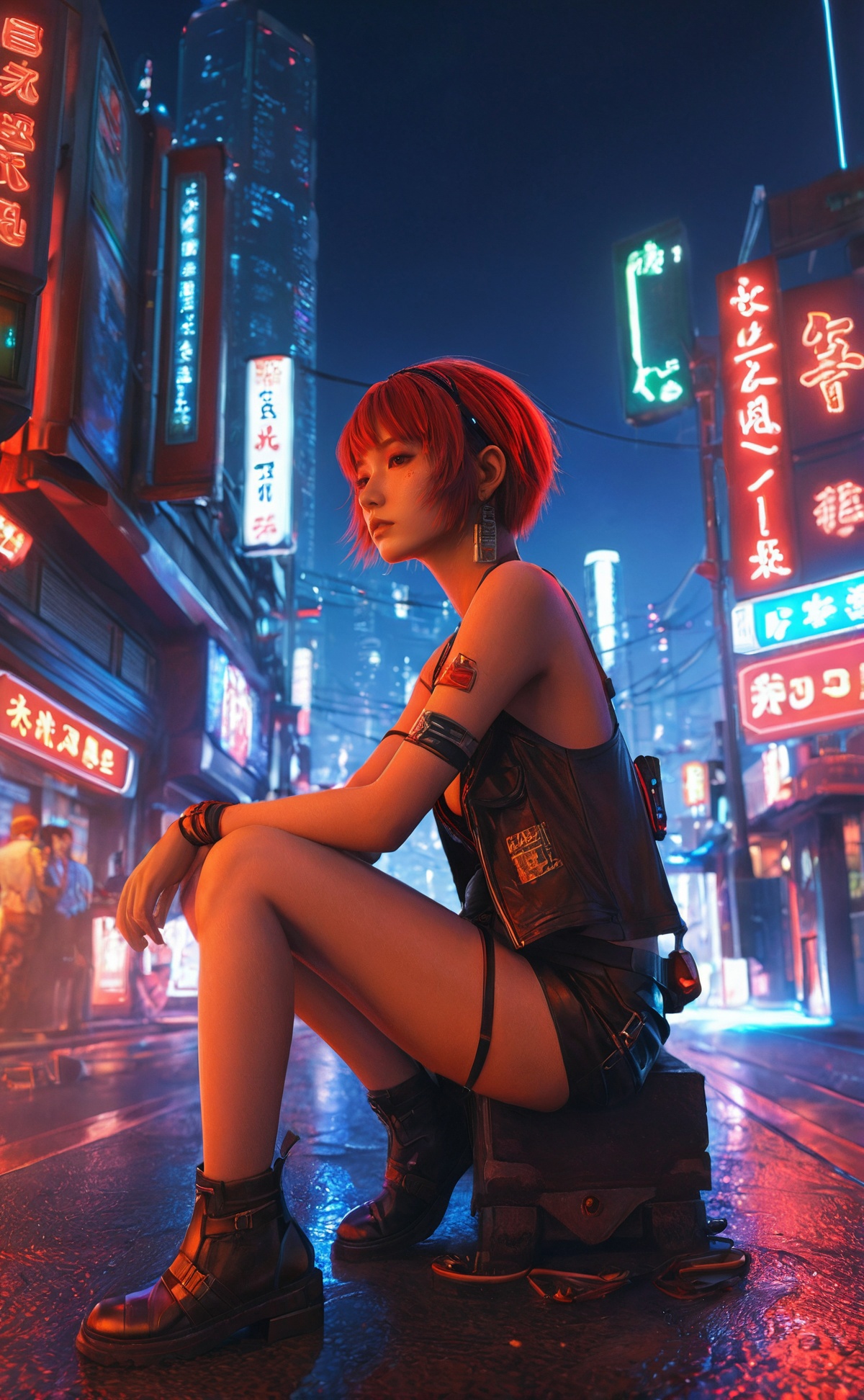 A woman with a red bob haircut sits on a suitcase in a neon-lit city at night.