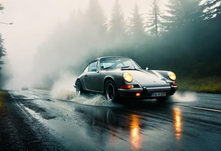 raw photo of a classic Porsche 911 on wet road, moving tires, Film Still, nebula, Need For Speed, Fast & Furious, heavy fog, sun rays.