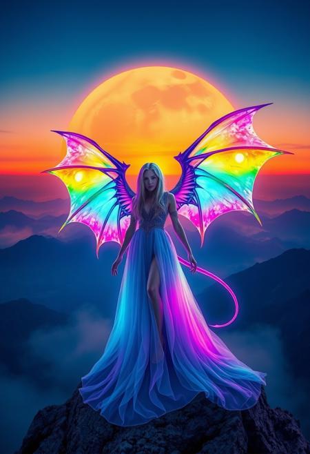 Beautiful female Demon, rainbow wings, on a mountain, cinematic photograph with an orange and blue synthwave crescent moon background.