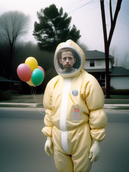 <lora:AlecSoth:1>environmental photograph of residential neighborhood, 1980, person in hazmat suit holding balloons, photograph in the style of Nick Waplington, realistic facial features, 35mm, intricate details, ultra realistic, highly detailed, cinematic, kodak portra 800, kodak color film, cinematic, film grain, large film noise