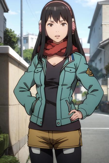 kanakimi kanakimi, earmuffs, scarf, necktie, coat, pleated skirt, white socks, loafers kanakimi, earmuffs, red scarf, green jacket, badge, black shirt, t-shirt, shorts, black pantyhose, legwear under shorts, sneakers, red footwear