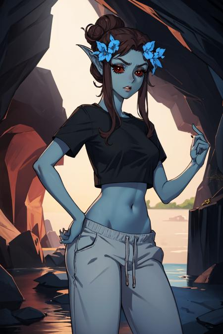 (masterpiece, best quality:1.2), <lora:azura:1>, azura, 1girl, solo, blue skin, pointy ears, black shirt, hair bun, pants, red sclera, hair flower, breasts, indoors, (cave:1.2), rock, navel,