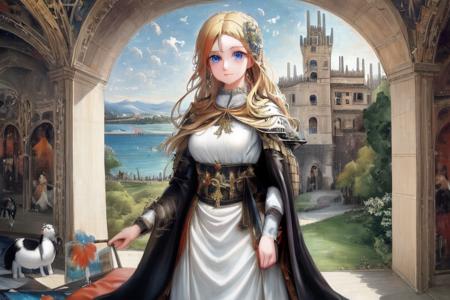 at historical castle; solo, waifu with blonde hair, blue eyes, white dress and black cape; exceptional, best aesthetic, new, newest, anime, masterpiece, best quality, ultra detailed; correct anatomy, golden ratio, perspective; painting by John William Waterhouse