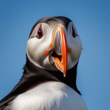 close-up Atlantic puffin with three small fish in the beak, blue sky background, photography very realist