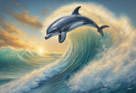 dolphin on the crest of a foamy wave, 
ultra-realistic digital painting, 
golden ratio. All details are clearly drawn, 
wave, 
dolphin, 
eyes, 
foam