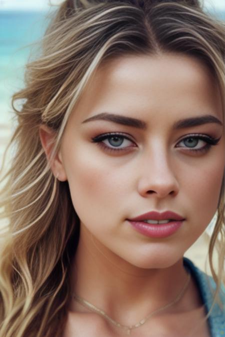 amberheard (sharp focus:1.2), photo, (beautiful face:1.1), detailed eyes, luscious lips, (cat eye makeup:0.85), wearing (bikini:1.2) on a (beach:1.2), depth of field, bokeh, 4K, HDR. by (James C. Christensen:1.2|Jeremy Lipking:1.1).