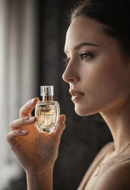 product photoshoot of a perfume bottle in hand of a model, focus on perfume, ((model blurred)) (( DOF))  ,shades of sunlight in the frame, diffused light from the side, surrounded black rocks, of perfume, diffused light, high contrasts black tone colors, high contrast and white black shades, (backlighting:0.7), film grain, photographed on a Sony A7R IV, 18mm F/1.7 cine lens, (highly detailed, intricately detailed), 8k, HDR,(volumetric lighting), (dynamic lighting), god rays, Rembrandt lighting, real shadows, intricate detail, photorealistic, photograph, photo, dlsr, Fuji Film, extremely high detail