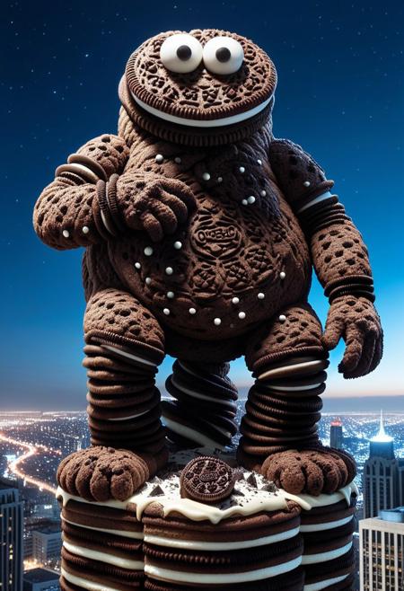 A gigantic Cookie Monster made of creamy cookies climbing a skyscraper at night, destruction, debris