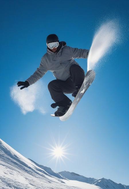 man doing a snowboard stunt, background a sunny blue sky