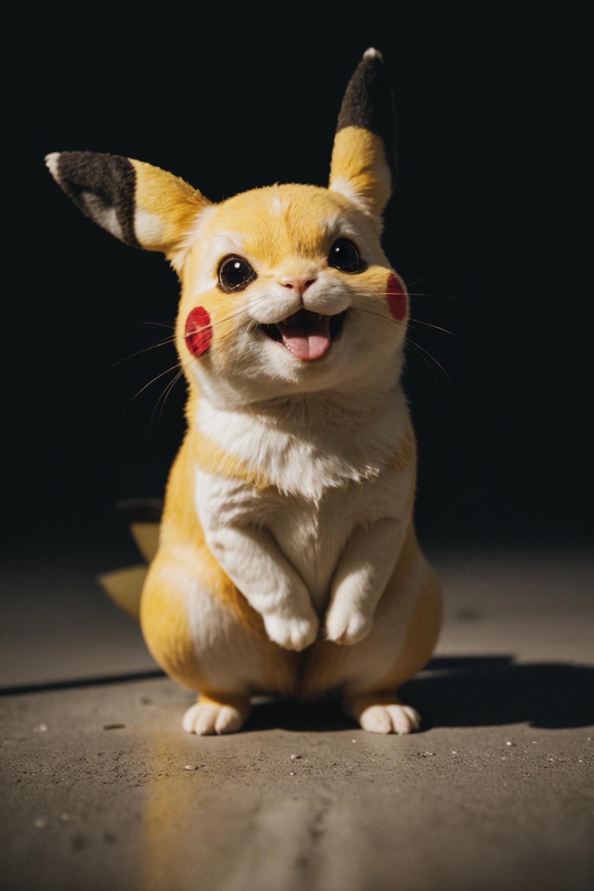 A small stuffed Pikachu toy with a smile on its face.