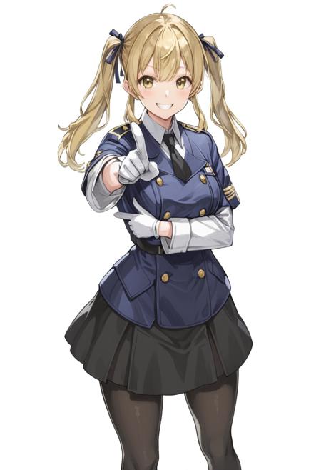 <lora:yukihiro_kajimoto_so2r_xl:1>, 1girl, welch, ;d, 1girl, black_legwear, blonde_hair, boots, crossed_arms, full_body, gloves, hair_ribbon, long_hair, long_sleeves, looking_at_viewer, military, military_uniform, pantyhose, pointing, ribbon, simple_background, skirt, smile, solo, standing, twintails, uniform, white_background, white_gloves, outstretched_arm, pointing, index_finger_raised, ((masterpiece, best quality))