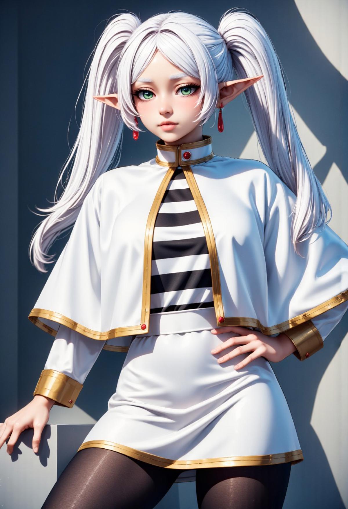 zzCitronCAT, 
nereirfpnxl, frieren, elf, pointy ears, green eyes, white hair, twintails,
shirt, long sleeves, jewelry, earrings, striped, white capelet, striped shirt, white skirt, black pantyhose,
closed mouth, standing, collarbone, cowboy shot, hand on hip, contrapposto, 
abstract background,