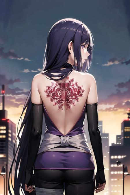 (best quality), (highly detailed), masterpiece, (official art),sumire kakei, long hair, from behind, backless outfit, back tattoo, elbow gloves, fingerless gloves,straight hair, bandages, bandaged arm, ninja, backlighting ,looking at viewer, city, night, sky, cowboy shot, (intricately detailed, hyperdetailed), blurry background,depth of field, best quality, masterpiece, intricate details, tonemapping, sharp focus, hyper detailed, trending on Artstation,1 girl, high res, official art