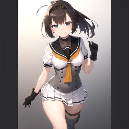 ((masterpiece)),(best quality),official art,extremely detailed CG,unity 8k wallpaper,ultra detailed,1girl,solo,cowboy shot,school_uniform,gloves,serafuku,ponytail,black_hair,headband,pleated_skirt,grey_footwear,hachimaki,looking_at_viewer,neckerchief,white_skirt,breasts,smile,sailor_collar,short_sleeves,long_hair,boots,blush,ahoge,rudder_footwear,hair_ornament,hairband,corset,kneehighs,white_socks,<lora:Akizuki(kan)>,