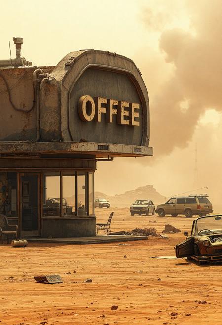 An exterior view of a futuristic, destroyed, lonely coffee shop, post apocalyptic barren planet, dry and dusty, parched surface, hot windy atmosphere, dust blowing, smoke, rising in the background, broken glass, decay, wrecked vehicles, science fiction