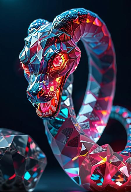 Ultrarealistic. sharp focus, dynamic lighting. play of light, reflection, refraction, Raytracing, Ultra detailed. crystalized. A blue snake made of rp_slgd.
