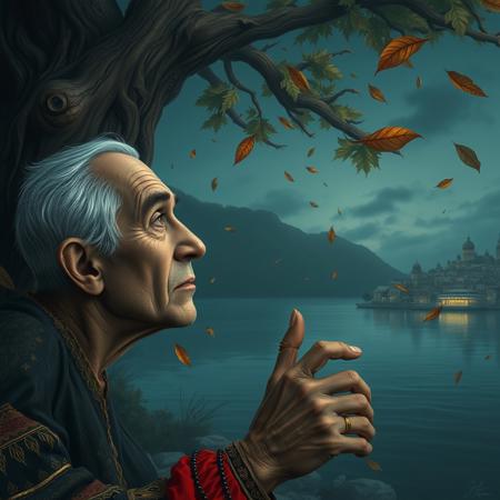 (photorealism:1.5)
1 oldman,  thoughtful expression, gazing at the majestic tree, falling leaves,  calm coastal village in the background, night time, pale colors, high contrast, hyper-realistic, serene atmosphere, pensive pose, detailed, high-definition, reflective mood, peaceful setting,
slight freckles, long eyelashes, thick eyebrows, torn pelvic sheer curtain, bridal gauntlets, torn red dress,