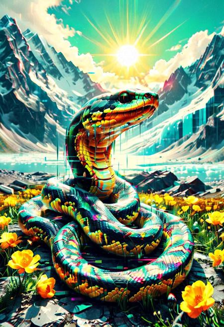 Flickering Worlds, vibrant colors, vivid colors, Snake made out of glitch style, glacier, buttercups, sunlight, dramatic, glitch, Masterpiece, best quality, amazing quality, volumetric lighting, SFW, exquisite detail, digital, digital art, highly detailed, beautiful, surreal,