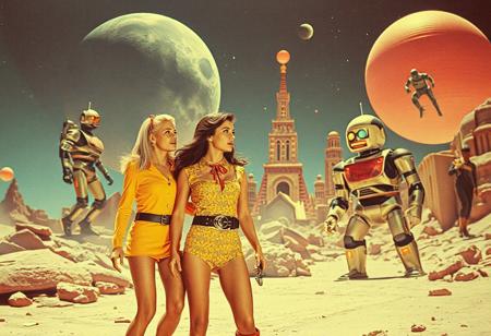 cinematic photograph, three women astro-explorers explore a mysterious psychedelic city meeting robo Men   ,1960s adventure b-movie science fiction film, technicolor,