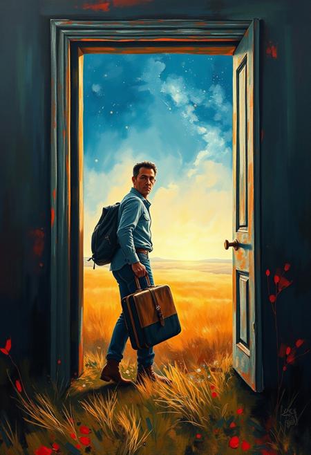 A man carrying a suitcase, stepping through a doorway in the middle of an open field, leading into the night sky
hyper-realistic portraiture, expressive abstract textures, bold vibrant colors, strong confident figures, dynamic brushwork, atmospheric backgrounds, striking visual contrast, contemporary impressionism, powerful female presence, painterly textures, dramatic lighting, surreal color blending, classical realism with modern abstraction, emotional intensity, cinematic composition
