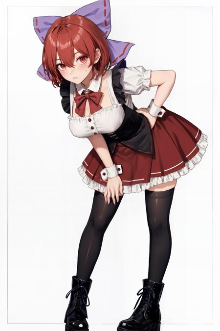 masterpiece, best quality, <lora:Sekibanki:1>,1girl, solo, sekibanki, red hair, thighhighs, bow, maid, maid headdress, hair bow, red eyes, puffy sleeves, short sleeves, wrist cuffs, full body, bowtie, puffy short sleeves, black thighhighs, red bow, apron, hand on hip, frills, looking at viewer, red bowtie, alternate costume, short hair, breasts, black footwear, enmaided, simple background, waist apron, blush, standing, sweatdrop, hair between eyes, zettai ryouiki, purple bow, skirt, underbust, closed mouth, shirt, white shirt, dress, frilled skirt, center frills, border, blue bow, bangs, maid apron, medium breasts, boots, large breasts, white apron, white border, shoes, petticoat, frilled dress, frilled apron, purple bowtie, outline, black skirt