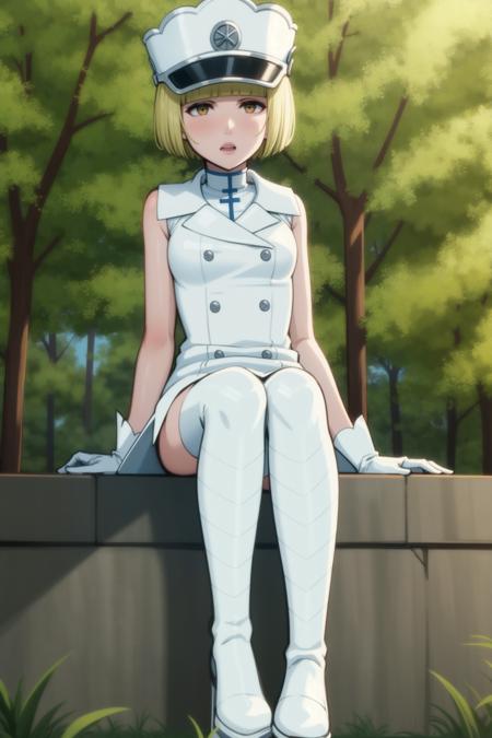 1girl, solo, blonde hair, military hat, short hair, arm support, yellow eyes, armpits, open mouth, sitting, looking at viewer, blunt bangs, thigh boots, bob cut, sleeveless dress,outdoors,nature,forest,day, white headwear, full body, short sleeves, white footwear,  parted lips, white dress, buttons, cross, white gloves, small breasts, short dress, breasts,  undershirt, knees up, white legwear, thighs, <lora:Liltotto:1>,  <lora:Afrobull:0.6>,bare shoulders,