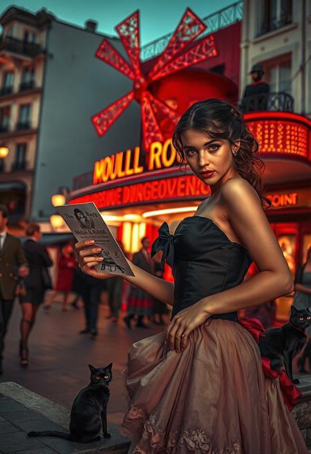 (((Two sexy female 19th Century French Prostitutes lifting their skirts soliciting in front of Moulin Rouge))), Setting is Paris 1890 in front of the Moulin Rouge Theatre, It is Dusk and the Moulin Rouge is lighting up the facade with a large extravagant sign lit by light bulbs. There are several beautiful women in front of the theatre dressed in period appropriate 1890's sexy French Burlesque bustier and skirts, their cleavage is on display to lure customers as they pose to attract the well dressed French men walking by, All People are appropriate clothing for 1890 Paris, A sleek black cat with red collar sits on a nearby roof watching the scene. The focus is (((a beautiful woman, 24 years old, is standing in the foreground facing the viewer handing out a leaflet with the Moulin Rouge's likeness drawn upon it. Her eyes are beautiful and focused on the viewer, she has an expression of interested curiosity))), the woman is dressed in Sexy French Burlesque dress with abundant cleavage as she bends over to entice potential customers, her skirts are short enough to display her garter belt and hose. The woman's hair is elegantly tied up with a ribbon. Artistic French and Bohemian aesthetic, dynamic perspective, (((1890's Moulin Rouge scenery))). Epic image that elicits a feeling of wonder and awe,
