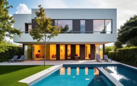 building,house,glass,white wall,outdoors,day,cloud,sunny,tree,grass,water,reflection,pavement,plant,lighting,stairs,multiple colors,real,(realistic),photo realistic,architecture photography,highly detailed,(masterpiece),(high quality),best quality,super detailed,full detail,4k,8k,table,chairs,pool,multiple people,