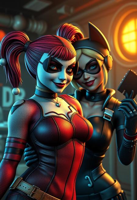 score_9, score_8_up, score_7_up, 4K, UHD
(((Borderlands video game style shading)))
Intricate Details, Amazing Quality, 
Harley Quinn, Catwoman, best friends