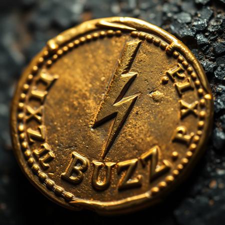 Closeup of a ancient Rome detoriated gold coin with lightning bolt symbol and text in ancient font saying BUZZ, realistic, masterpiece, dramatic light, depth of field
