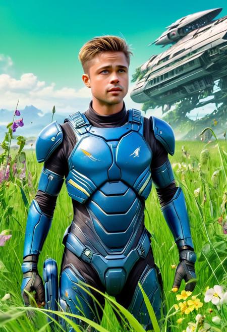 CoverArt, a beautiful gorgeous Young Brad Pitt as an Scifi RPG character in futuristic body armor, 
Break, 
as a background a huge spaceship (long abandoned) sunken into a rich green grassland, covered in plants, flowers, sharp focus, high detailed, realistic, day, colorful, blue sky, RPG Cover Art