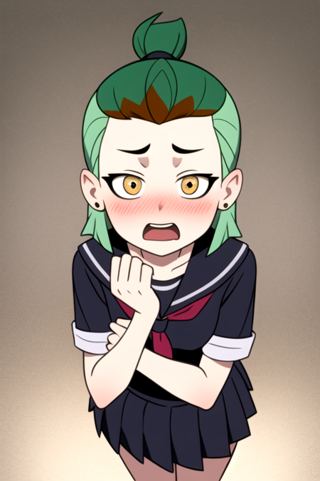 masterpiece, best quality, AmityS1, 1girl, solo, green hair, yellow eyes, short ponytail,  earrings, serafuku, school uniform, pleated skirt, blush, open mouth, upper teeth, surprised, looking at viewer, white serafuku,