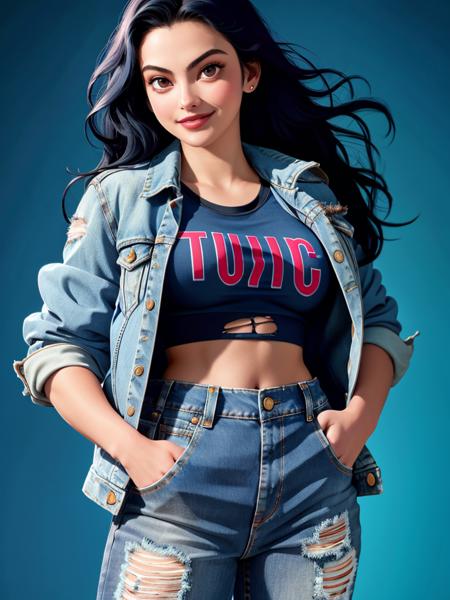 Realistic photo of a beautiful c4m1l4m woman, 1girl,solo,long hair,looking at viewer,smile,black hair,jacket,midriff,pants,lips,crop top,torn clothes,blue background,denim,jeans,realistic,hands in pockets,jacket on shoulders,torn pants,torn jeans,denim jacket, soft lighting, professional Photography, Photorealistic, detailed, RAW, analog, sharp focus, 8k, HD, high quality, masterpiece<lora:c4m1l4m:1.0>